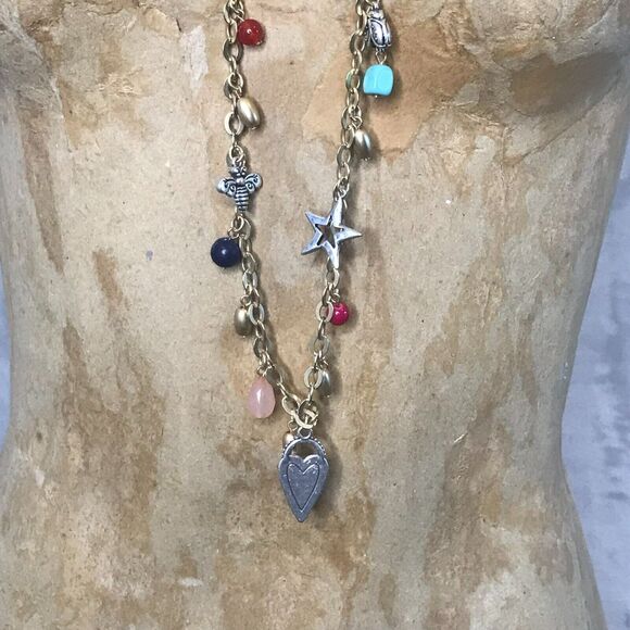 Chicos Necklace Brushed Gold Tone Chain Beaded Ladybug Star Heart Butterfly - Picture 3 of 4